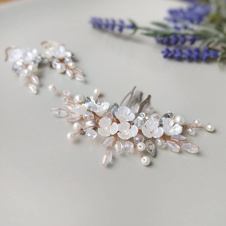 Rose gold wedding hair piece for bride. Pearl and flower Etsy