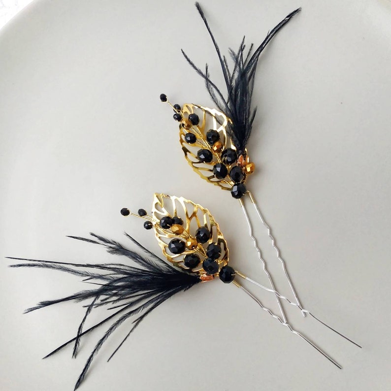 Feather hair pins. Black hair pins Etsy