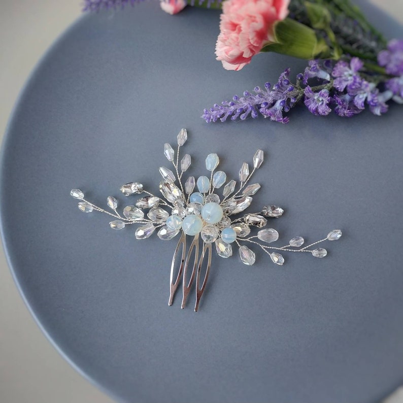 Wedding hair piece Crystal hair comb Blue opal hair piece Crystal headpiece Moon stone hair comb