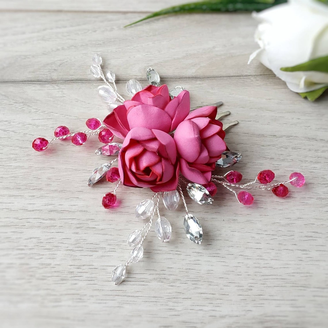 Hot Pink Hair Comb. Wedding Flower Hair Piece . Flower Hair Etsy