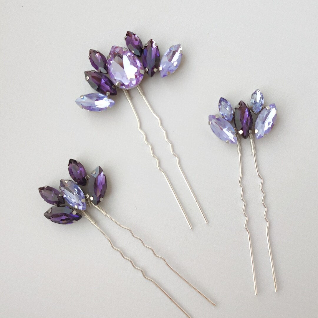 Purple Crystal Wedding Hair Pins Crystal Bridal Hair Etsy