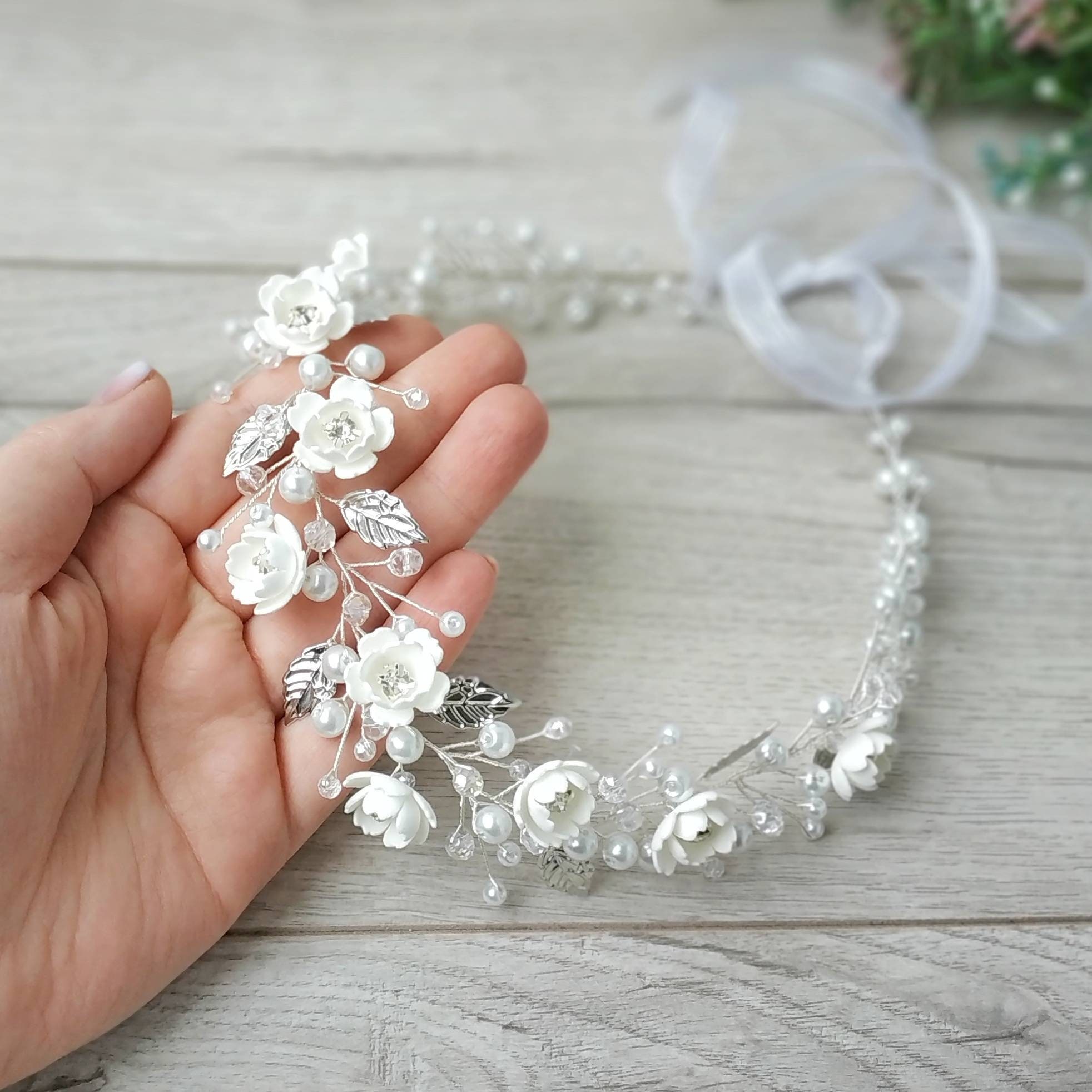 White Satin Floral Hair Wreath with Pearls, First Communion & Flower Girl