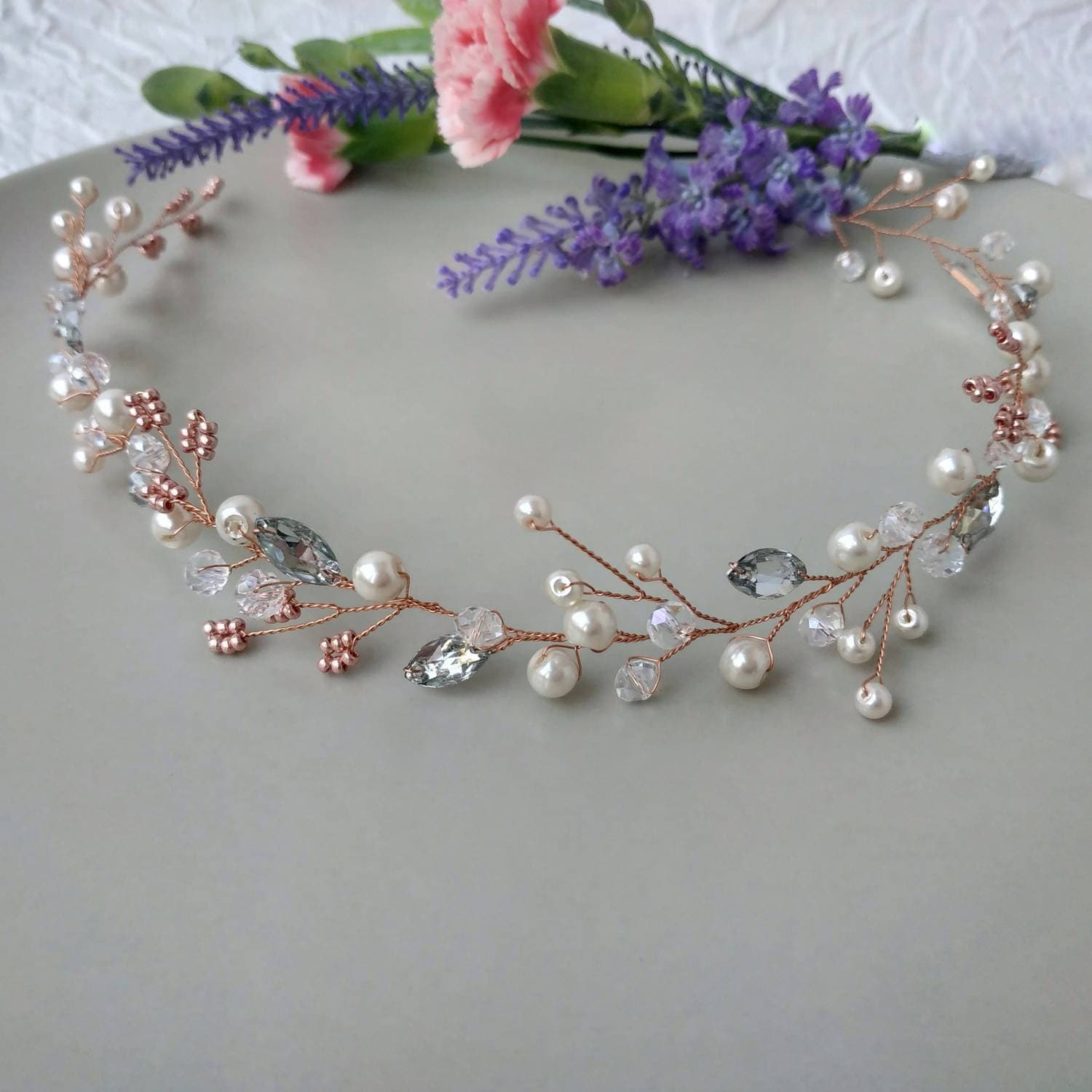 Rose gold headband. Rose gold hair vine. Etsy