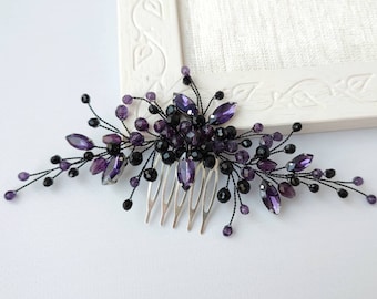 Schwarz lila Haarkamm Gothic Braut Haarschmuck