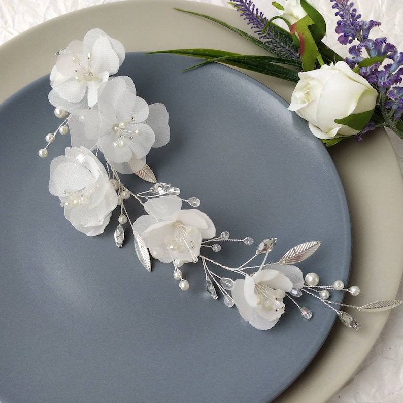 Magnolia pearl flower bridal hair piece Pearl and crystal hair vine with flowers
