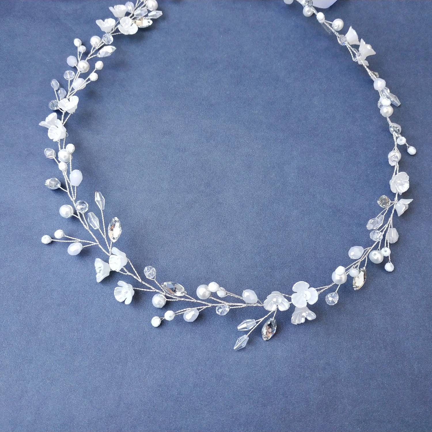 White Floral Hair Wreath with Pearls and Crystal Accents, First Communion and Flower Girl main image 1