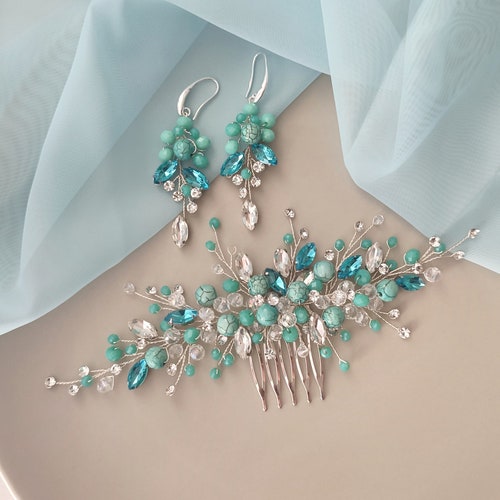 Turquoise Hair Clip for Bride Teal Blue Hair Comb Bridal  display picture 2
