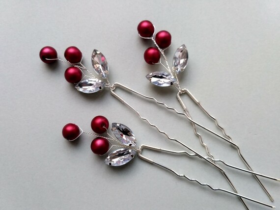 Marsala Hair Pins Burgundy Pearl Hair Pins Rhinestones Marsala Etsy