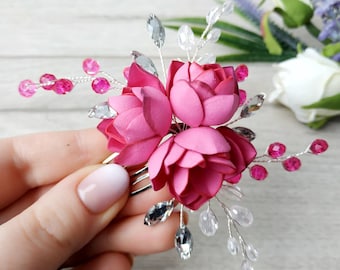 Hot pink hair comb. Wedding flower hair piece . Flower hair comb