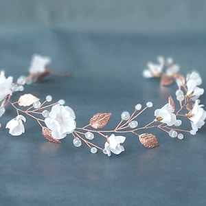 Rose gold wedding headband. Opal rose gold hair piece. Wedding floral halo. Flower hair crown