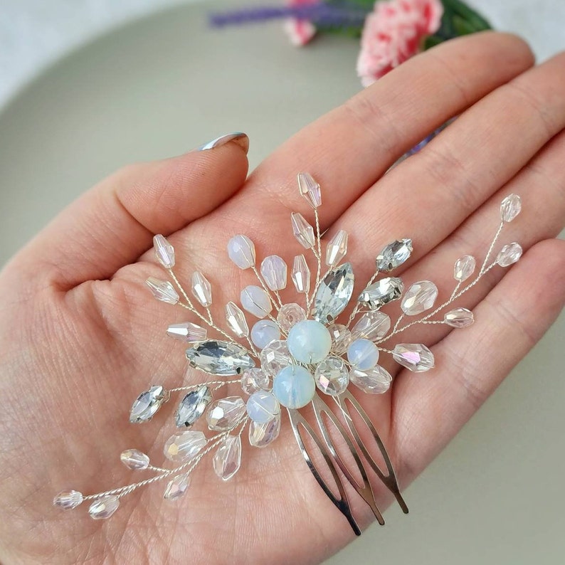 Wedding hair piece Crystal hair comb Blue opal hair piece Crystal headpiece Moon stone hair comb