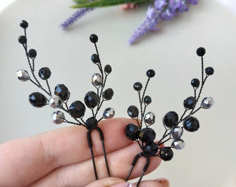 Gotische bruiloft haarspelden Zwart kristallen haarstuk. Zwarte haarspeld Set van 3 haarspelden.
