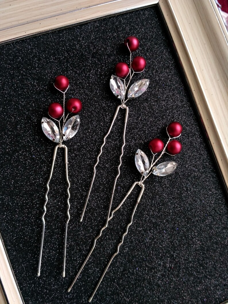 Marsala Hair Pins. Burgundy Pearl Wedding Hair Pins. Etsy