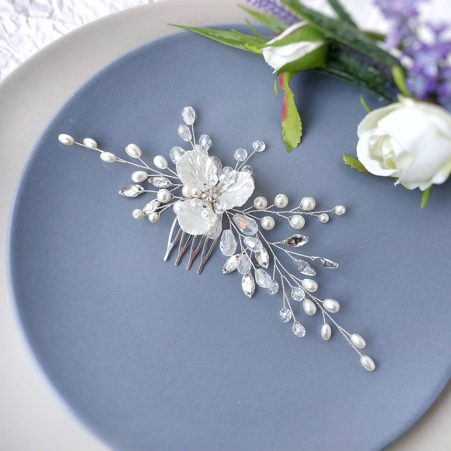 Pettine Capelli Sposa Con Fiori E Cristalli - Accessorio Nuziale In Oro Per Matrimoni E Cerimonie - Foto 4