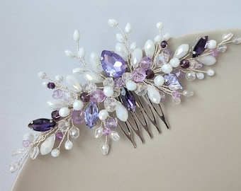 White and purple hair comb Crystal bridal hair piece