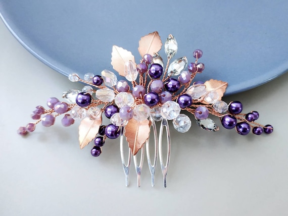 Purple Crystal Bridal Hair Piece: Rose Gold Leaf Hair  display picture 1