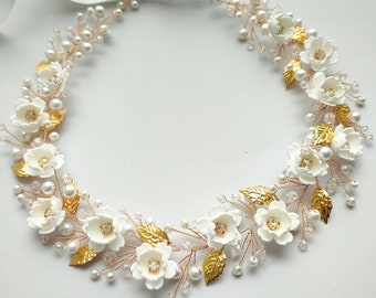 Gold First Communion white flower hair wreath  Flower headband White communion headpiece Communion hairpiece