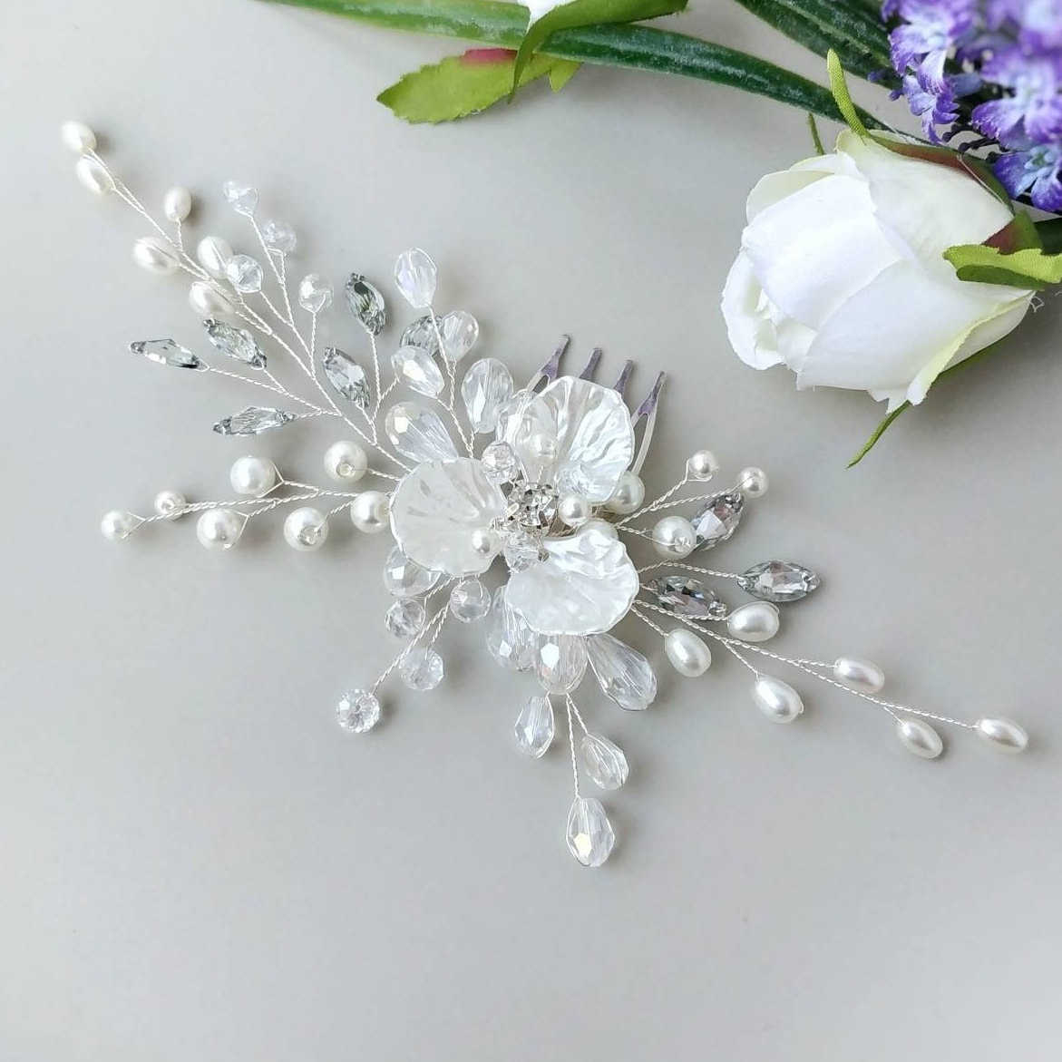 Pettine Capelli Sposa Con Fiori E Cristalli - Accessorio Nuziale In Oro Per Matrimoni E Cerimonie - Foto 2