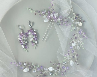 Purple lilac sage hair piece and earrings for bride