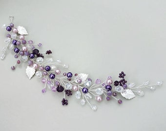 Purple Crystal Bridal Hair Vine: Pearl Wedding Hair Piece