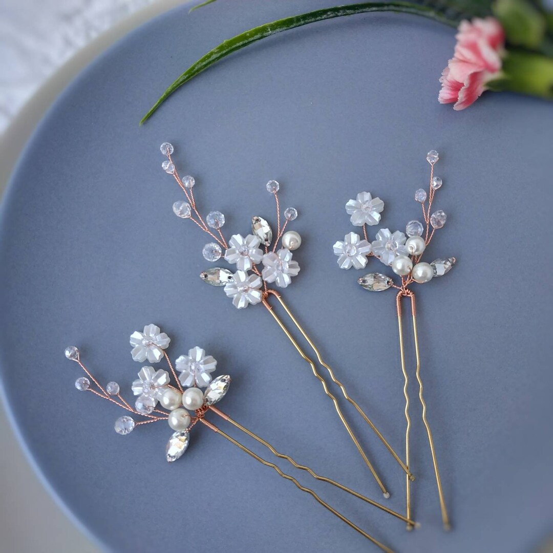 Rose Gold Flower Hair Pins Set of 3 Hair Pins Flower Headpiece Etsy