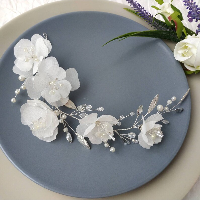 Magnolia pearl flower bridal hair piece Pearl and crystal hair vine with flowers