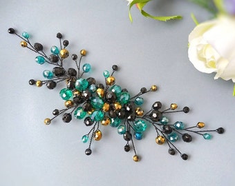 Black and emerald green crystal wedding hair vine for brides and bridesmaids