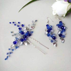Blue wedding hair pin. Crystal hair pin and beaded earrings