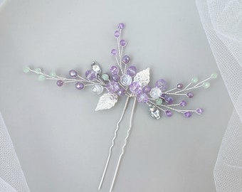 Épingle à cheveux violet lilas sauge Épingle à cheveux de mariée et boucles d'oreilles.