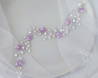 Rose gold purple and pearls hair vine Lilac flower and pearl bridal hair vine