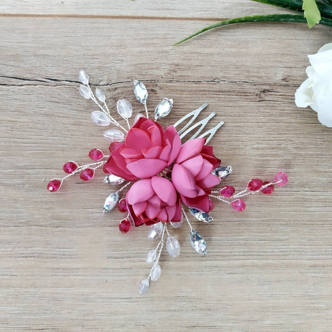 Hot Pink Hair Comb. Wedding Flower Hair Piece . Flower Hair Etsy