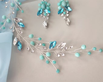 Turquoise hair vine for bride Teal blue hair vine Bridal hair piece