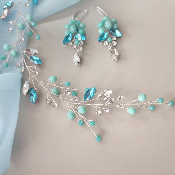 Turquoise hair vine for bride Teal blue hair vine Bridal hair piece