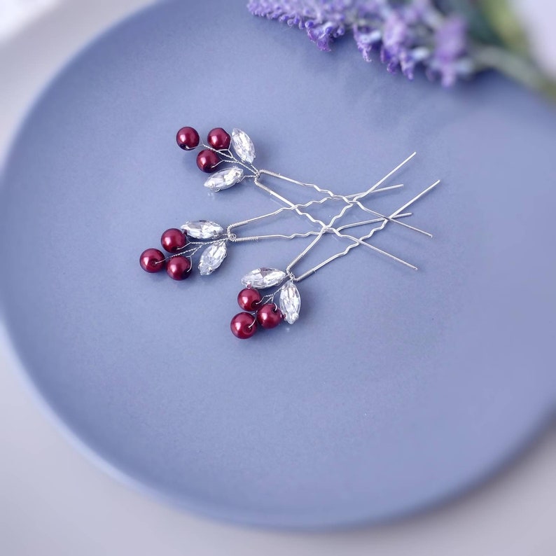 Marsala Hair Pins. Burgundy Pearl Wedding Hair Pins. Etsy