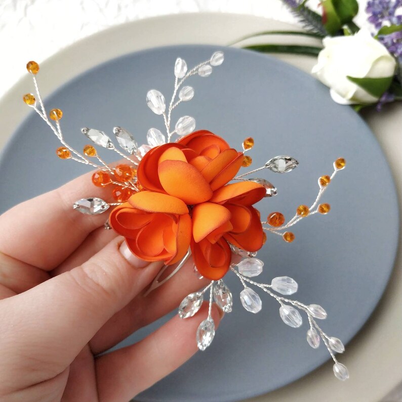 Orange crystal bridal hair piece for brides bridesmaids and flower girls Wedding hair piece
