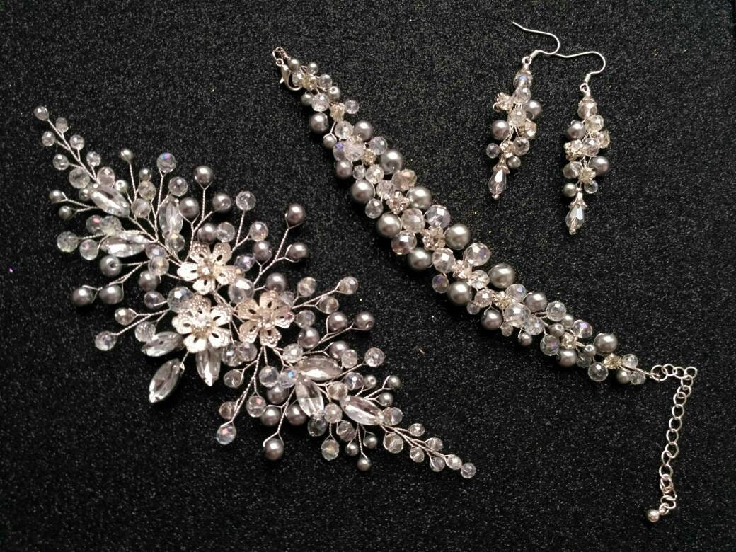 Mother of the bride jewelry set. Pearl hair piece earrings and Etsy