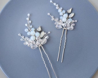 Blue Opal Wedding Hair Pins: Crystal Rhinestone Bridal Hair Piece