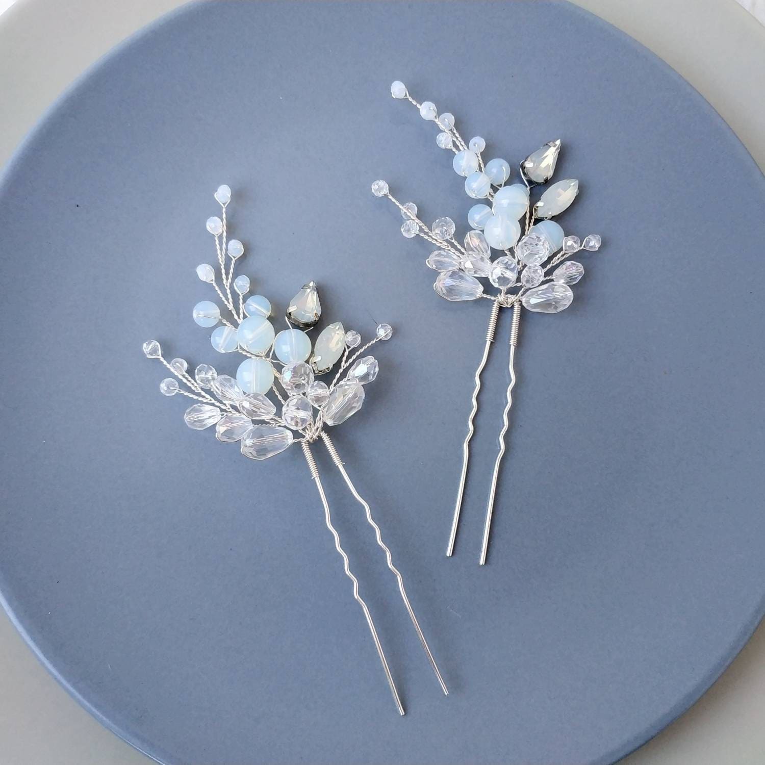 Blue Opal Wedding Hair Pins: Crystal Rhinestone Bridal Hair Piece