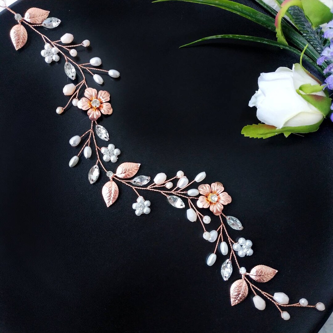Rose Gold Hair Vine for Brides. Floral Headband Rose Gold 