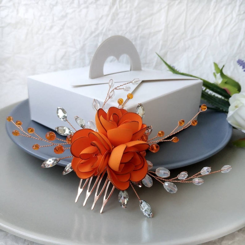 Orange crystal bridal hair piece for brides bridesmaids and flower girls Wedding hair piece