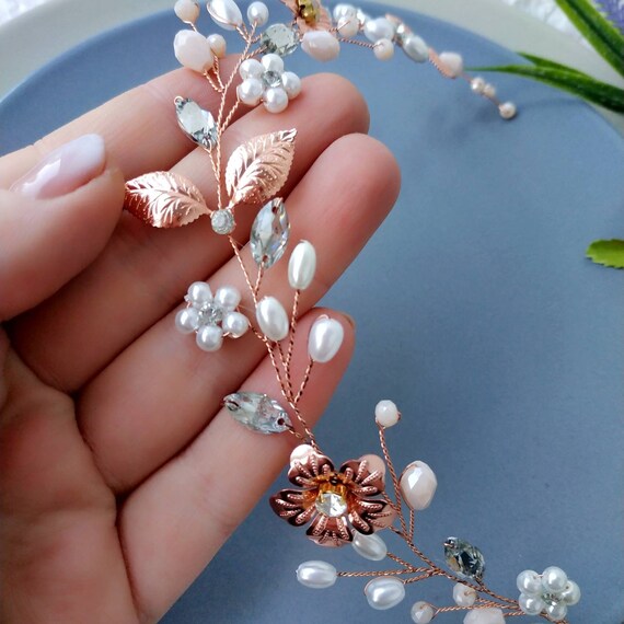 Rose Gold Hair Vine for Brides. Floral Headband Rose Gold  display picture 1
