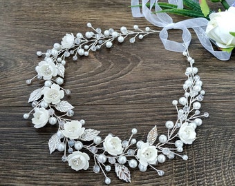 First Communion white flower hair wreath  Flower headband White communion headpiece Communion hairpiece