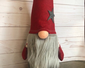 large deep red and gray with plaid home gnome