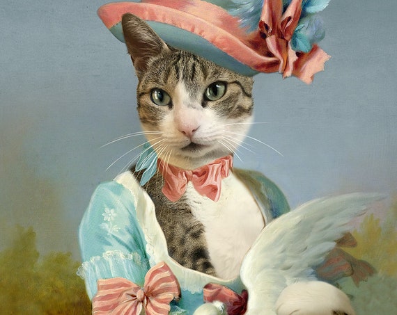 Your cat with blue hat painting from photo. Digital 17th century portrait of your princess.
