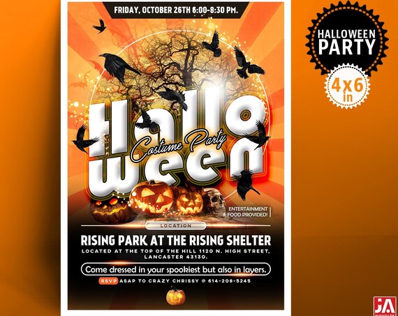 Halloween Invitation, Halloween Invite, Halloween Party, 4*6" Customized Digital Printable File - Crows, Pumpkins, Skull, Costume Party