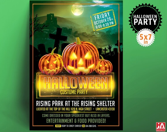 Halloween Invitation, Halloween Invite, Halloween Party, 5*7" Customized Digital Printable File - Pumpkins, Cemetery, Haunted castle