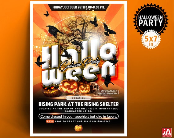 Halloween Invitation, Halloween Invite, Halloween Party, 5*7" Customized Digital Printable File - Crows, Pumpkins, Skull, Costume Party