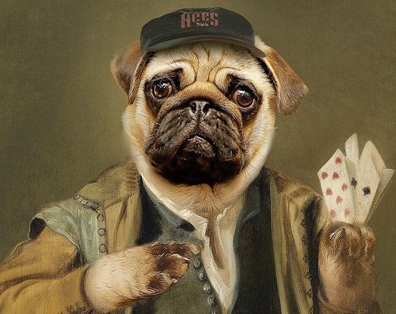 Jester, Bandit, Gambler Pug, Godfather, Aces Mops, Dog or Cat Portrait, Digital personalized portrait, by JAnovelty