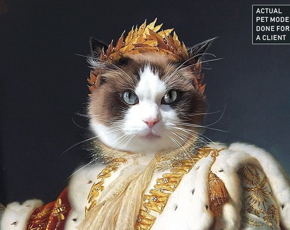King Pet Portraits, Emperor Napoleon, Dog or Cat Portrait, Crown, Royal Cat Portrait, Digital personalized portrait painting, by JAnovelty