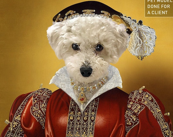 Royal Woman Custom Pet Portraits, Dog or Cat Portrait, Red and Gold, Digital personalized poster, Medieval Pet Portrait by JAnovelty